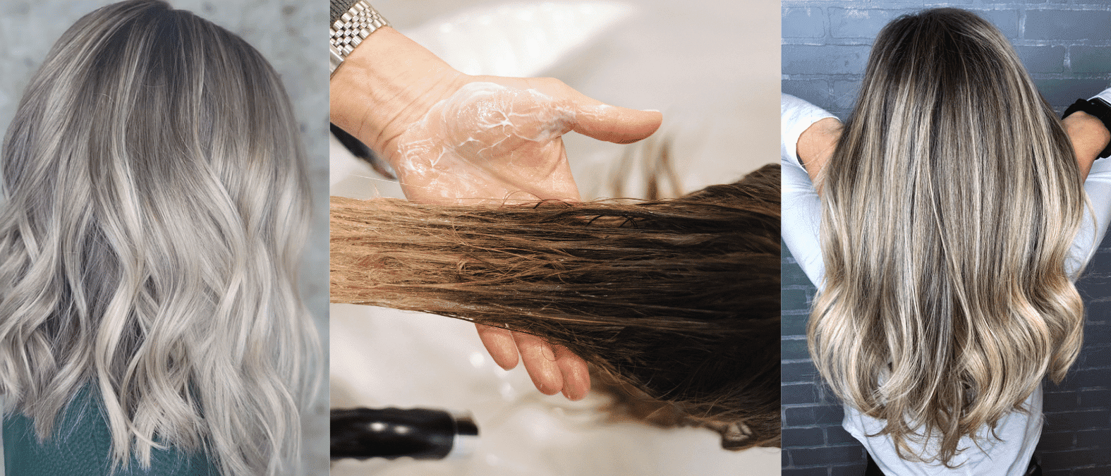 Hair transformation process from brown to blonde with treatment and styling results.