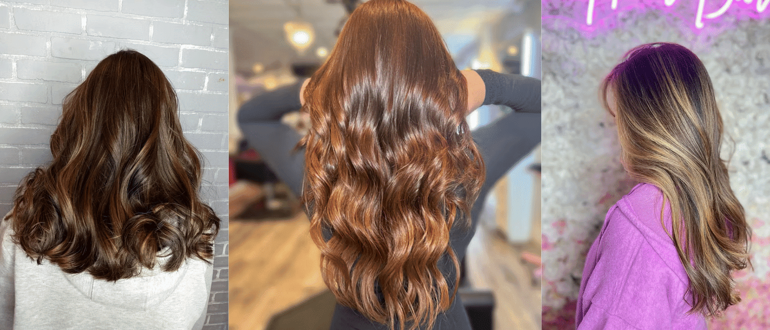 Variety of hairstyles featuring wavy brown and highlighted hair in salon settings.