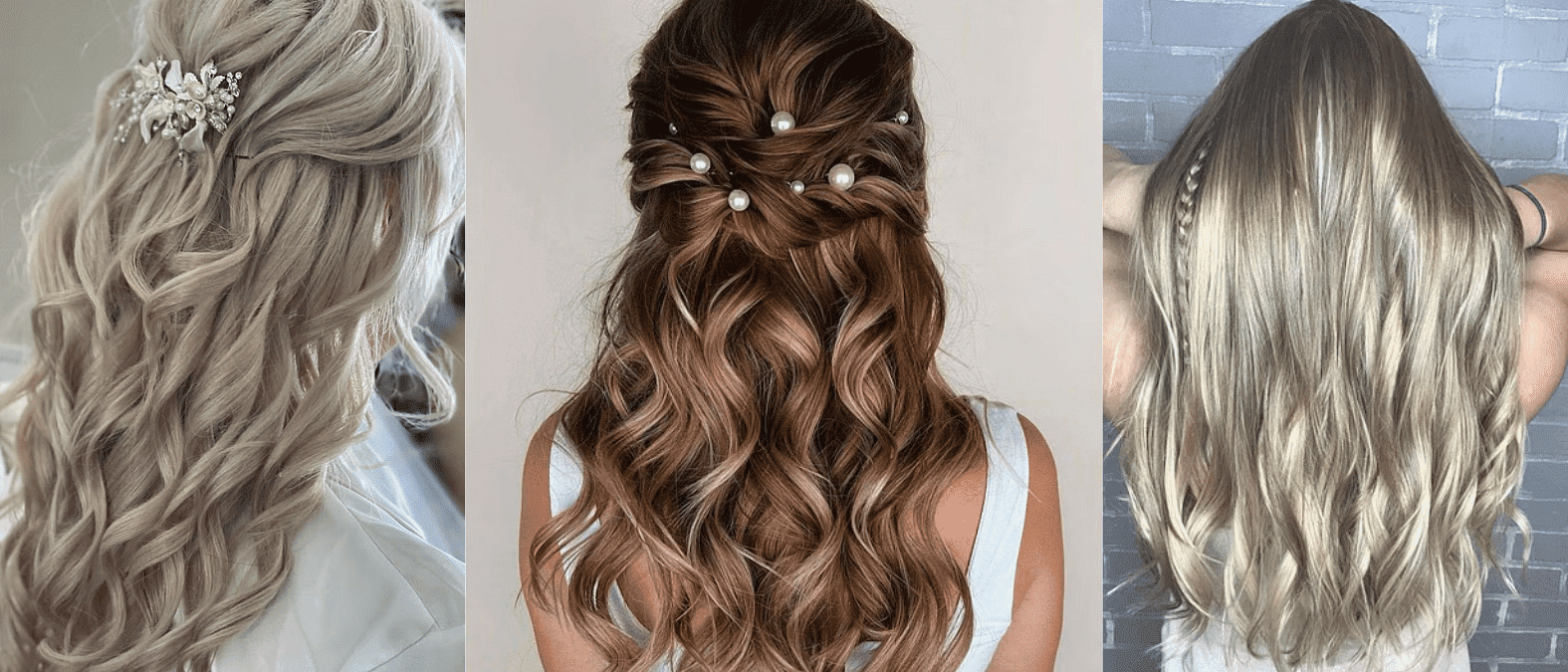 Three hairstyles: blonde waves with a floral clip, brown curls with pearls, and shiny blonde waves.