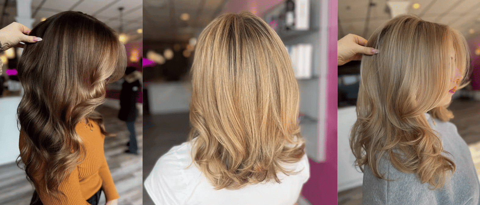Three women with different blonde hairstyles in a salon setting.